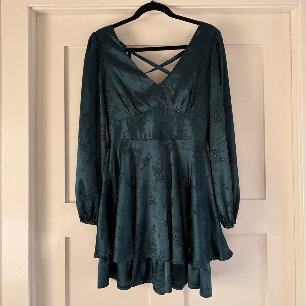 Elegant Silk Teal Long Sleeve Mini Dress